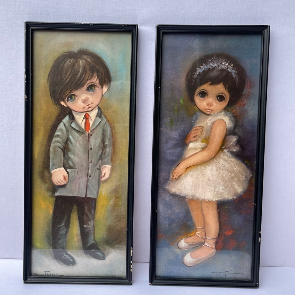 Vintage framed “Big Eye” Boy and Girl Art Prints by Ozz Franca